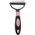 Grooming comb features a black metal head with 16 teeth and a comfortable pink and black rubber handle.