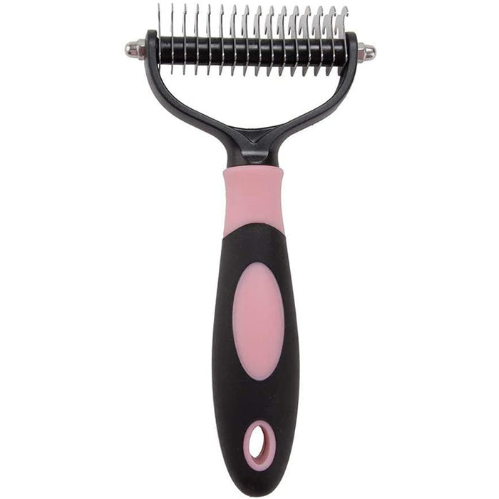 Grooming comb features a black metal head with 16 teeth and a comfortable pink and black rubber handle.