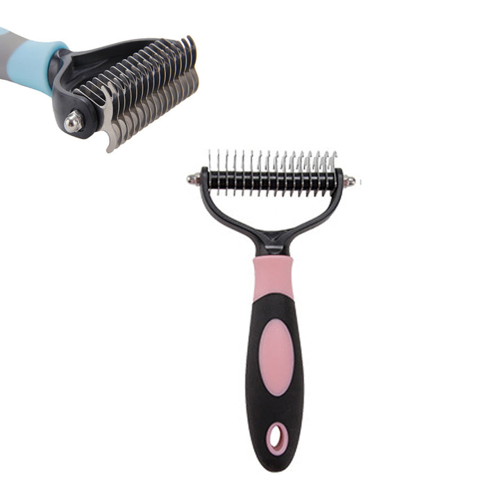 Grooming comb featuring 16 metal teeth with a black and pink ergonomic handle for easy pet brushing.