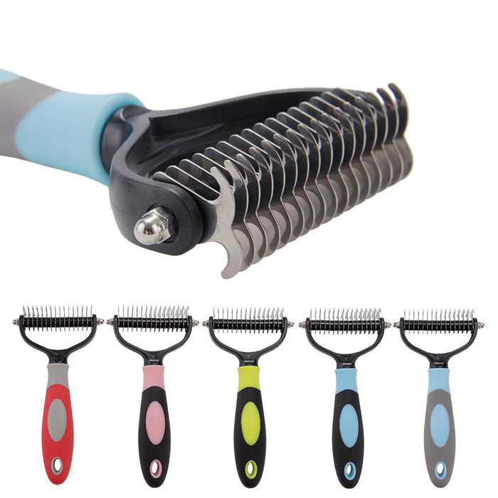 Grooming comb with 16 stainless steel teeth, featuring a multi-colored ergonomic handle, shown in various colors.