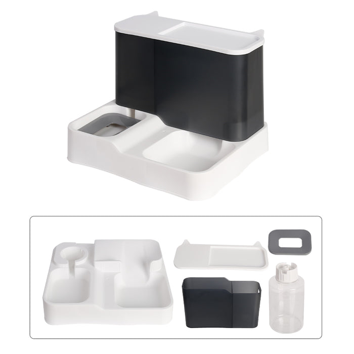 A stylish black and white 2-in-1 pet feeder and water dispenser with detachable components.