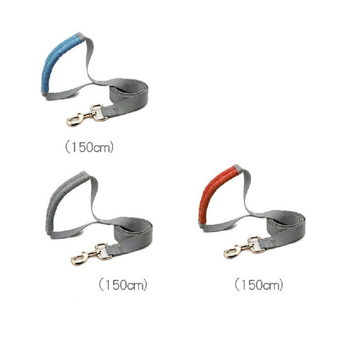 Adjustable dog harness and leash set featuring gray straps with colorful handles in blue, gray, and red.