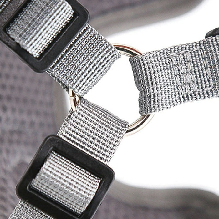 Gray adjustable dog harness featuring breathable fabric and sturdy plastic buckles, highlighted by a central metal ring.