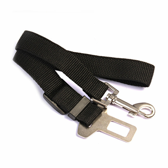 Black adjustable dog safety seat belt made of durable nylon, featuring a metal clip and buckle for securing pets in cars.