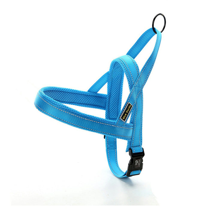 Bright blue adjustable dog seat belt made of durable, breathable material, featuring a secure buckle and D-ring.