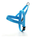 Bright blue adjustable dog seat belt made of durable, breathable material, featuring a secure buckle and D-ring.