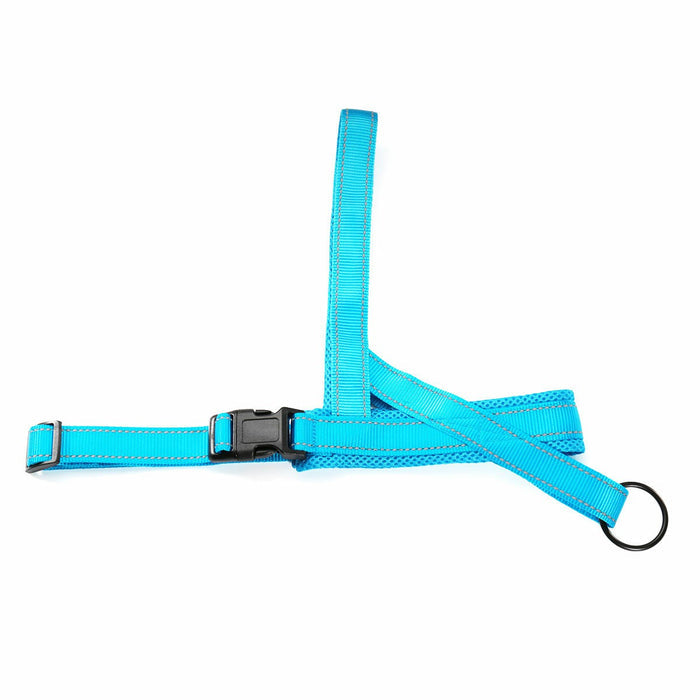 Adjustable dog seat belt in bright blue, featuring sturdy nylon straps and a quick-release buckle.