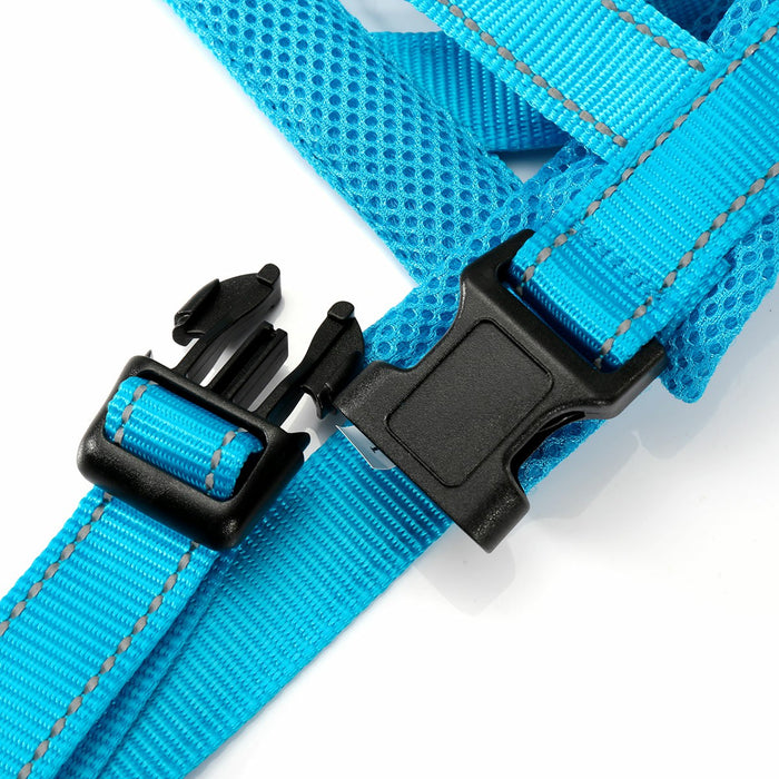 Adjustable dog seat belt in bright blue nylon, featuring a secure black plastic buckle and mesh detailing.