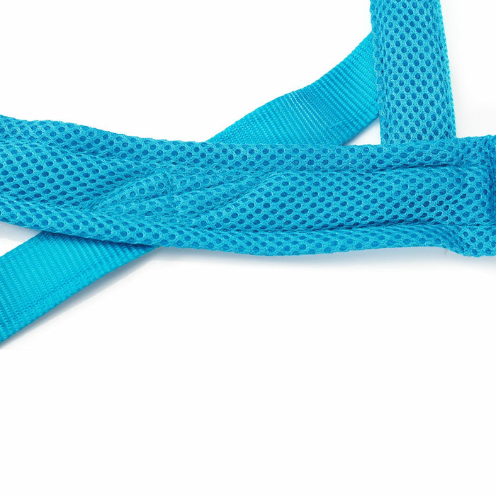 Bright turquoise adjustable dog seat belt made of durable fabric and breathable mesh, featuring a secure clip design.
