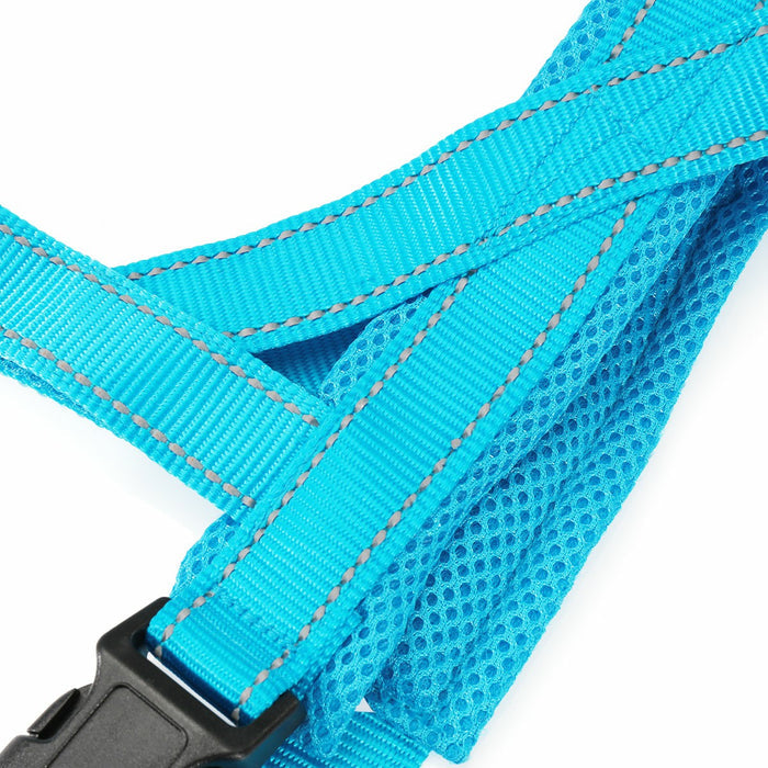 Bright blue adjustable dog seat belt made of durable material, featuring a mesh design and a sturdy clasp.