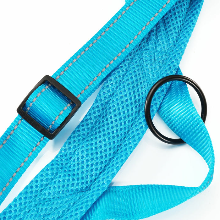 Bright blue adjustable dog seat belt made of durable nylon with a mesh section and black metal ring.