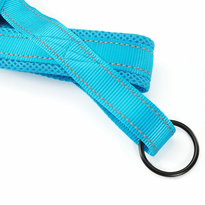 Bright blue adjustable dog seat belt made of durable material, featuring a black metal clip for easy attachment.