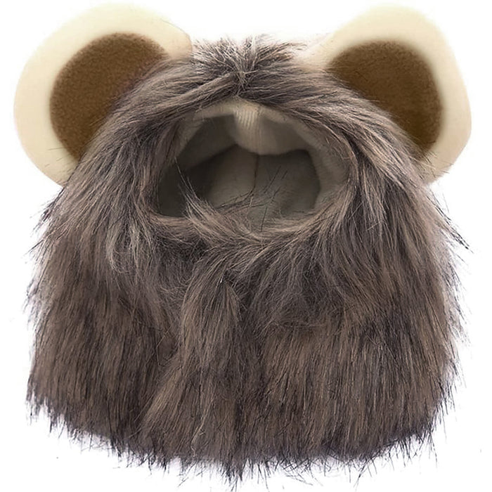 Brown pet costume hood resembling a lion's mane, made of soft fur with beige ear accents.