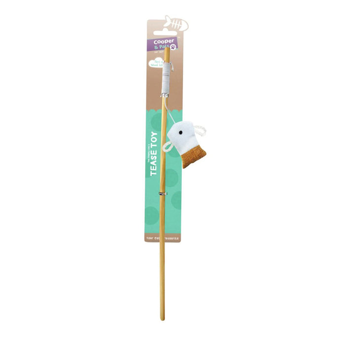 Wooden cat rod with a white and gold fish toy attached, featuring a colorful packaging label.
