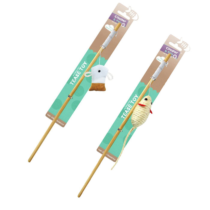 Bamboo cat rod toy with two colorful plush attachments, one resembling a fish and the other a mouse.