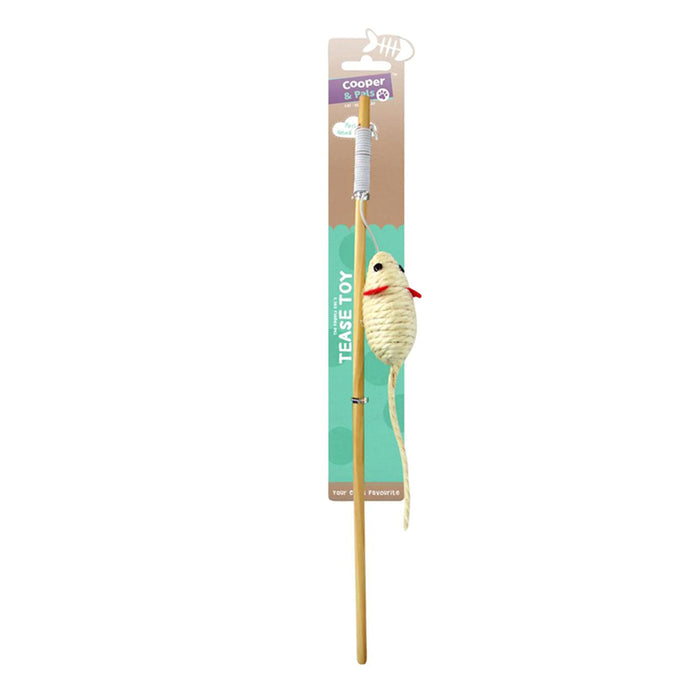 A wooden cat rod with a playful woven mouse toy attached, featuring a red ribbon detail and displayed on a cardboard backing.