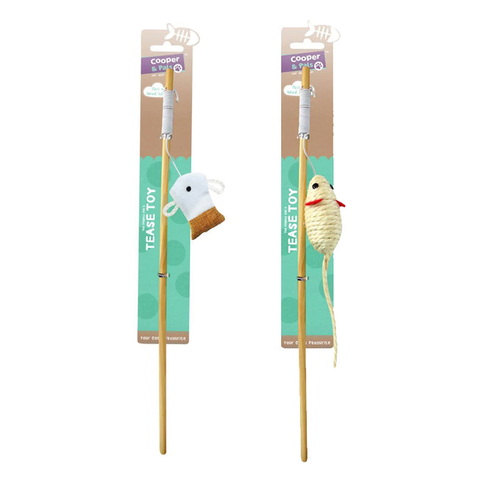 Two cat teaser rods with colorful plush toys: a mouse and a white fish, displayed on a cardboard backing.