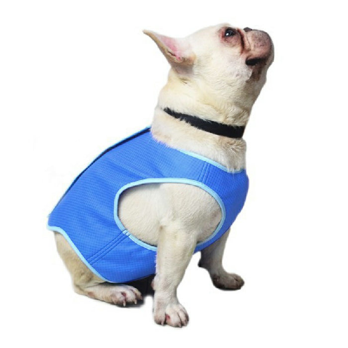 A light blue cooling vest for dogs, made of breathable fabric, shown on a sitting French Bulldog.