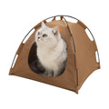 Cozy brown pet tent with a soft bed pad, featuring a cat peering out from the front opening.