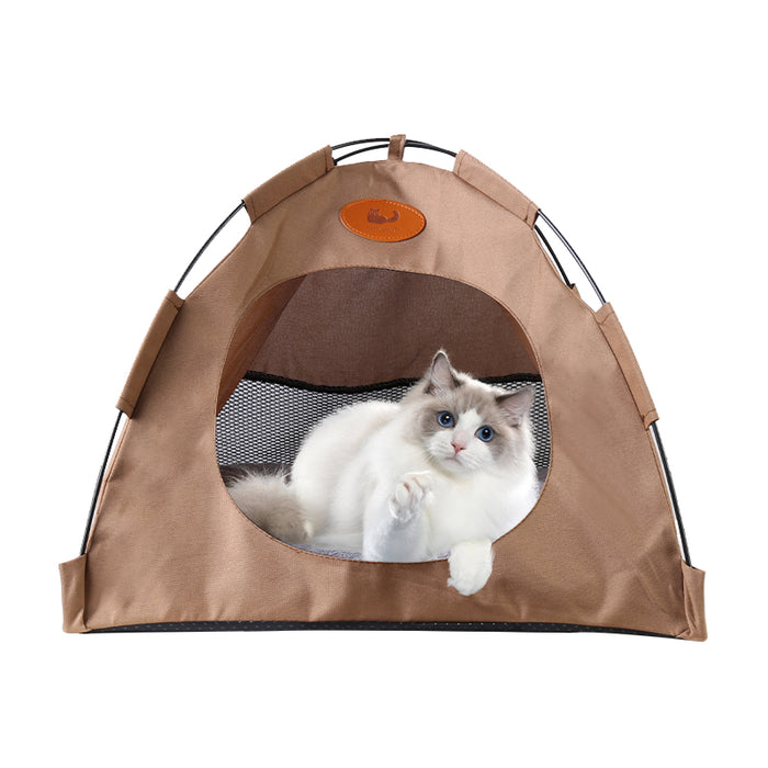 Cozy brown pet tent featuring a soft bed pad, with a cat comfortably lounging inside the mesh-fronted design.