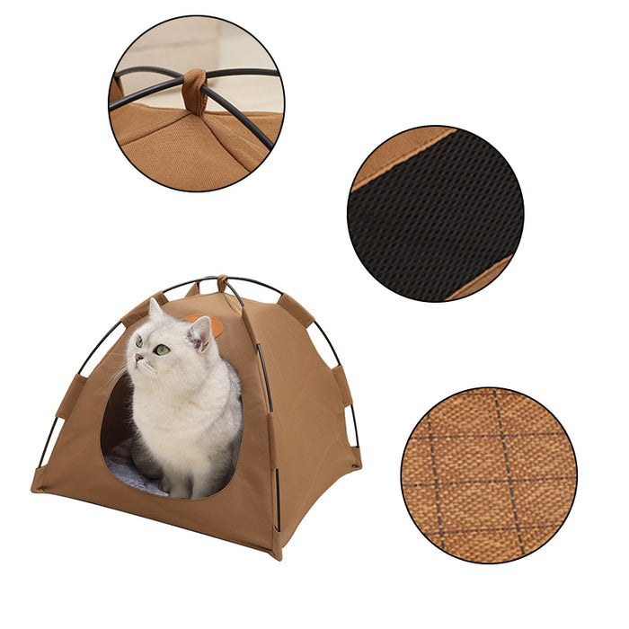 Cozy brown pet tent with a soft bed pad and a cat inside, featuring a mesh top for ventilation.