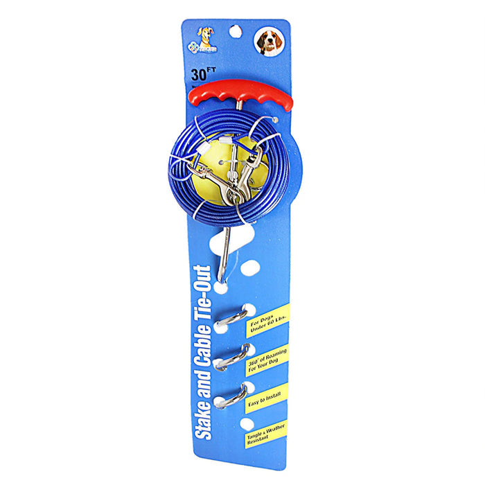 Blue dog tie-out cable on a card, featuring a red handle and a metal stake, designed for dogs under 60 lbs.