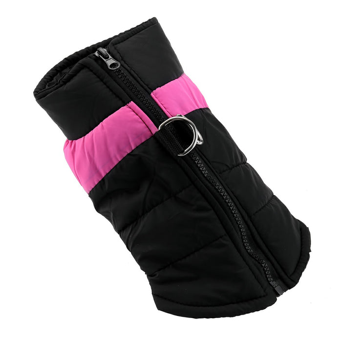 Black and pink dog winter puffer jacket featuring a zip closure and a harness ring, showcasing a quilted design.