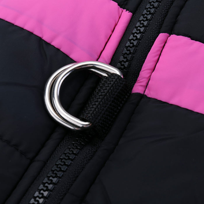 Black and pink winter puffer jacket for dogs featuring a silver zippered closure and a metal D-ring attachment.