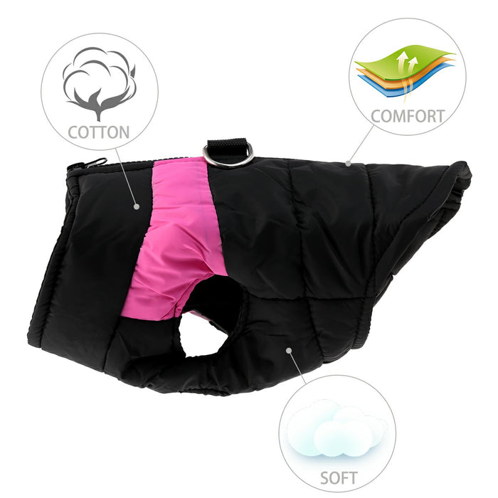 Black and pink puffer jacket for dogs made of soft cotton, featuring a secure harness attachment and a cozy design.