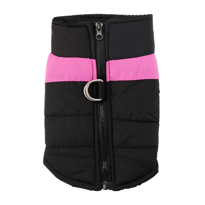 Black and pink dog winter puffer jacket featuring a front zipper and a D-ring for leash attachment.
