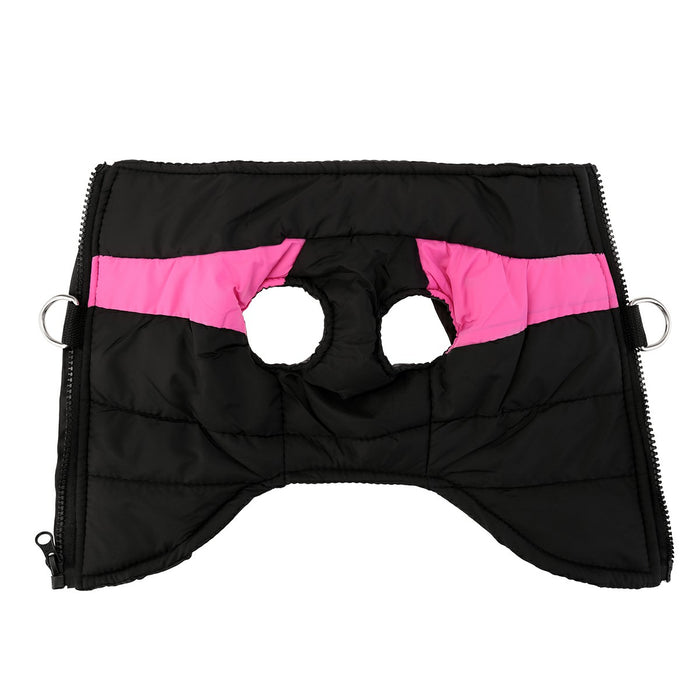 Black dog winter puffer jacket with pink accents, featuring holes for legs and a zipper on one side.