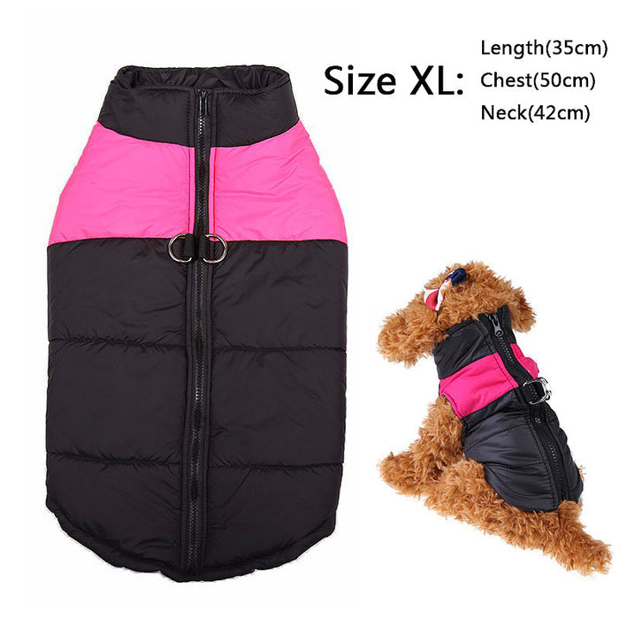 Pet puffer jacket in black with bright pink accents, featuring a zipper and an adjustable neck for warmth.