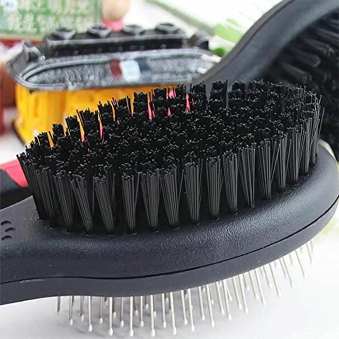Black double-sided grooming brush featuring bristles and metal pins for effective fur care, set against a colorful background.