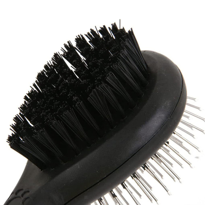 Double-sided grooming brush featuring black bristles on one side and metal pins on the other, with a durable black handle.