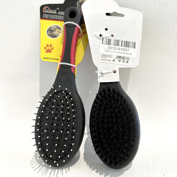 Double-sided grooming brush featuring a black rubber handle, one side with metal pins and the other with soft bristles.