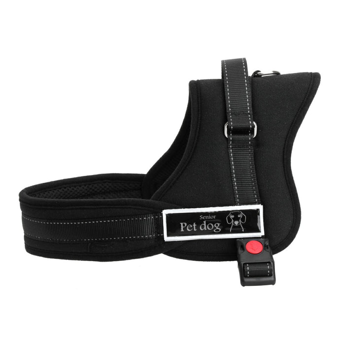 Adjustable black dog harness made of soft fabric, featuring a quick-release buckle and mesh padding for comfort.