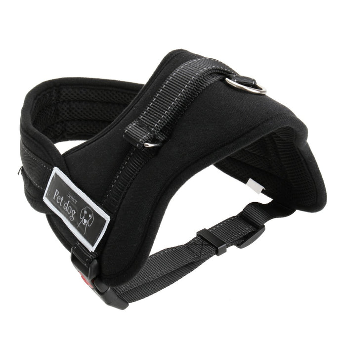 Adjustable black dog harness made of soft fabric and durable straps, showcasing a sleek design with a D-ring.