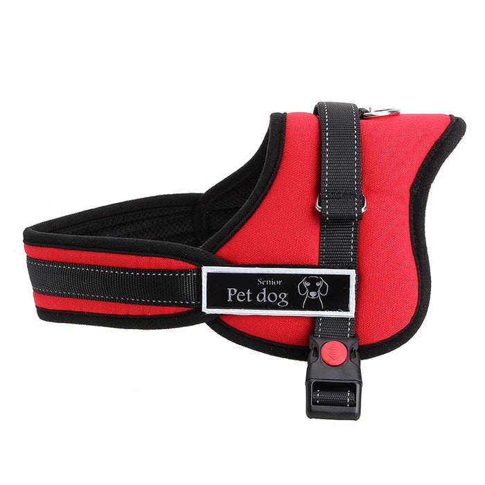 Red adjustable dog harness with black trim, featuring a buckle closure and a label for senior pets.