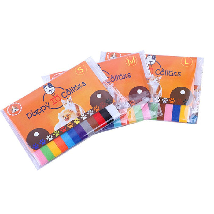 Three packages of colorful ID collars for puppies and kittens in various sizes, featuring vibrant color bands.
