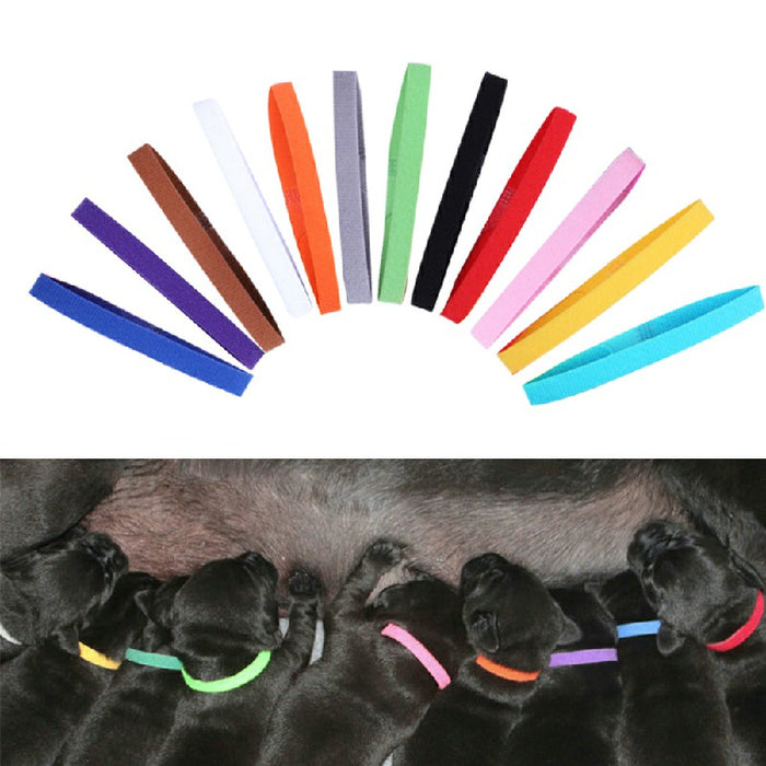 Colorful ID collars for puppies and kittens displayed above a litter of sleeping pets, made of soft fabric material.