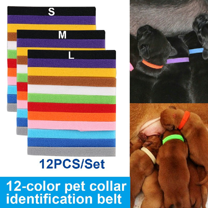 Colorful set of 12 soft fabric ID collars for puppies and kittens in various sizes, displayed with pets wearing them.