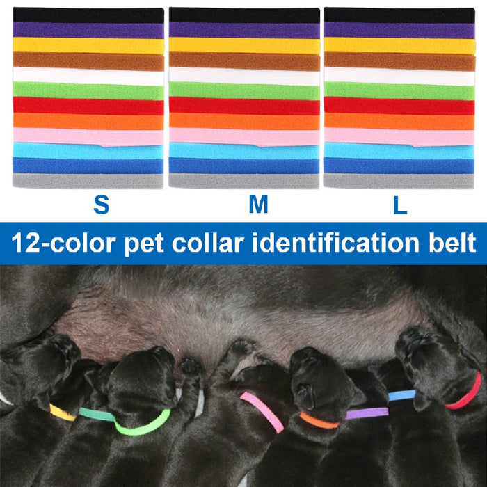 Colorful ID collars for puppies and kittens in various sizes, displayed on black puppies nursing, showcasing twelve vibrant colors.