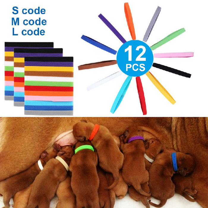 Colorful ID collars for puppies and kittens displayed with a variety of shades, featuring small pets nursing underneath.