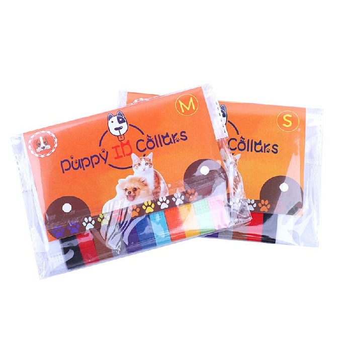 Two packages of colorful ID collars for puppies and kittens, displayed with an orange background showcasing the brand.