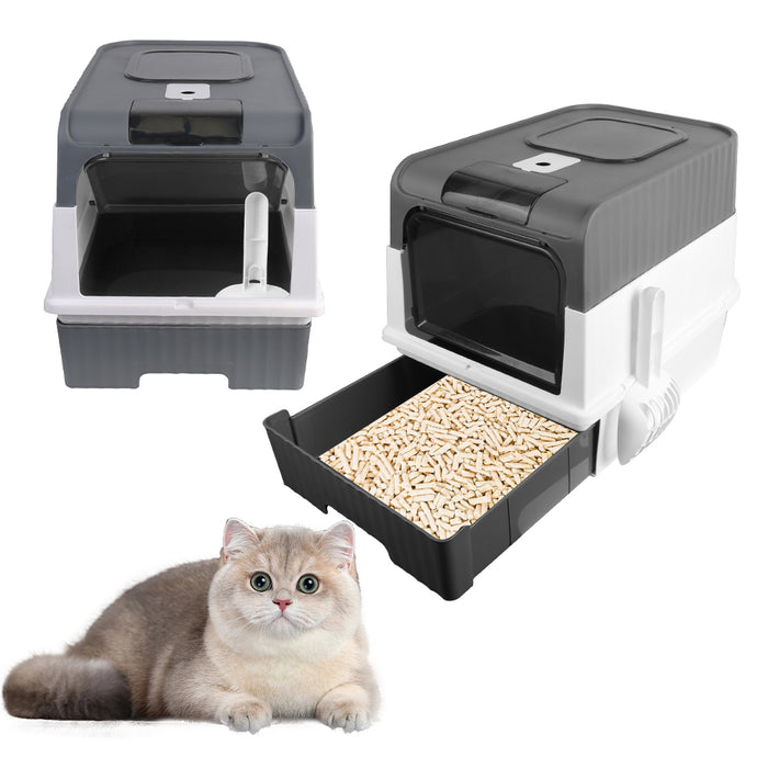 Large cat litter box in gray and white with a transparent door and a pull-out tray filled with wood pellets.
