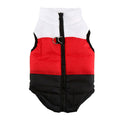 Red, black, and white puffy winter coat for pets featuring a zip front and ring detail for easy access.