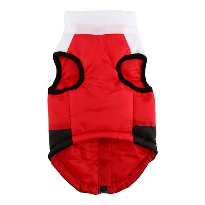 Bright red pet winter coat made of padded material, featuring black accents and an open design for easy wear.