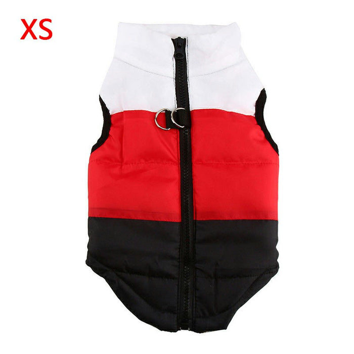 Bright red, white, and black cushioned winter coat for pets, featuring a zipper and ring detail, shown flat.