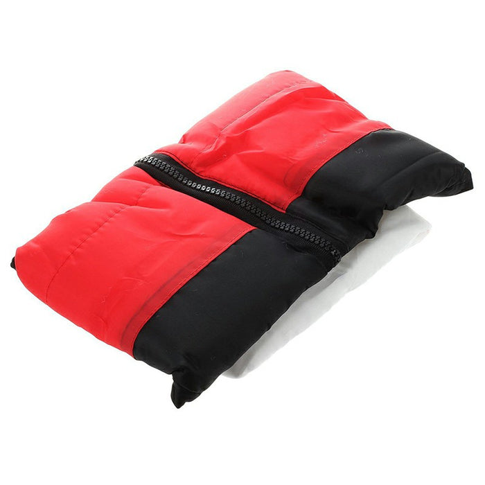Red and black padded winter coat for pets featuring a zip closure, shown folded neatly.