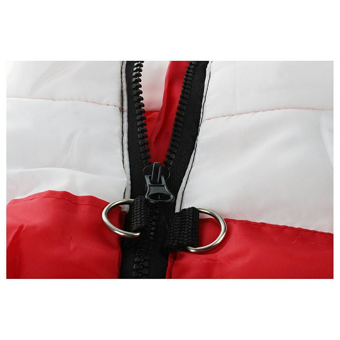 Red and white pet winter coat featuring a front zipper and metallic rings for a secure fit.